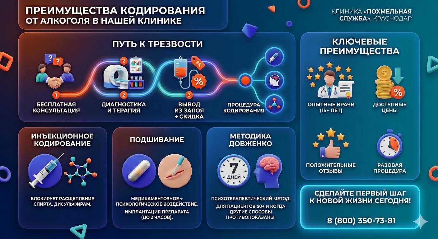 Инфографика о методах кодирования от алкоголя в Приморско-Ахтарске: инъекции, подшивание, метод Довженко. Преимущества клиники и этапы лечения.