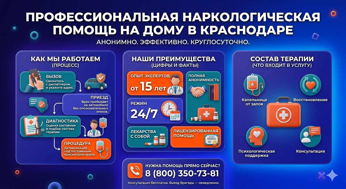 Инфографика о принципах лечения алкоголизма на дому в Приморско-Ахтарске: этапы вызова нарколога, преимущества анонимной детоксикации и состав медицинской помощи.